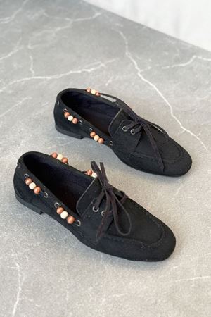 Kadın Ragus Boncuk Detay  Düz Taban Babet - Siyah Süet