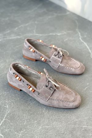 Kadın Ragus Boncuk Detay  Düz Taban Babet - Vizon