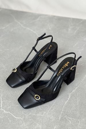 Kadın Saly Köşe Burun Topuklu Ayakkabı - Siyah Süet