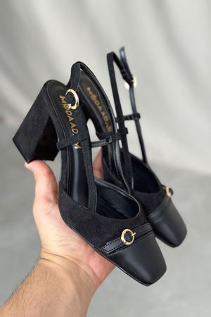 Kadın Saly Köşe Burun Topuklu Ayakkabı - Siyah Süet