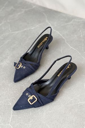 Kadın Paris İnce Kısa Topuklu Ayakkabı - Lacivert-Süet