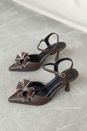 Kadın Godes Papyonlu İnce Topuklu Ayakkabı - Kahve-Deri