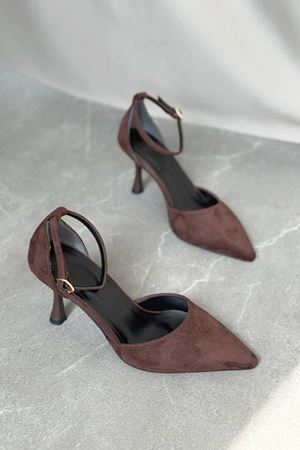 Kadın Rustik İnce Topuklu Ayakkabı - Kahve-Süet