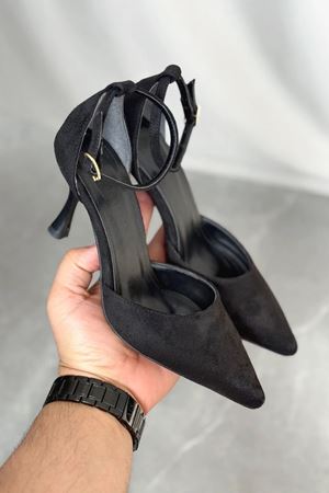 Kadın Rustik İnce Topuklu Ayakkabı - Siyah Süet