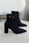 Kadın London Kalın Topuklu Tokalı Bot - Siyah Süet