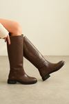 Kadın Poter Düz Tabanlı Tokalı Çizme - Kahve-Deri